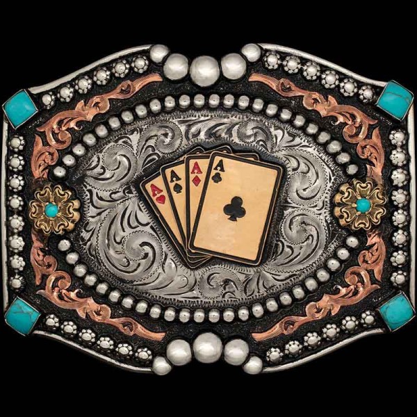 he Turquoise Fashion Belt Buckle features 4 large turquoise stones with our signature silver bead edge and double inner frame for your western outfit!