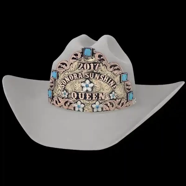 Annie Oakley, The Annie Oakley Crown is built with a Jewelers Bronze Base, Copper letters, Copper overlays and German Silver flowers.  This crown is 7" x 