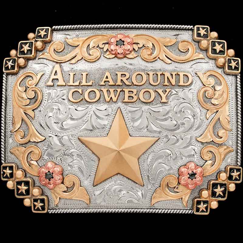A  western belt buckle with a gold star and All Around Cowboy text