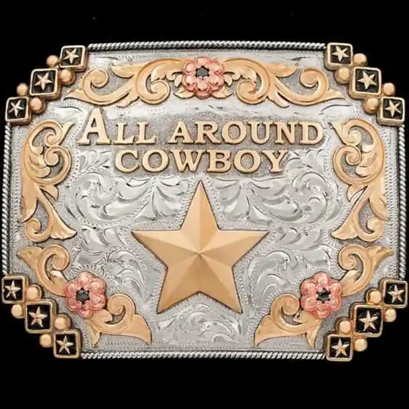 A  western belt buckle with a gold star and All Around Cowboy text
