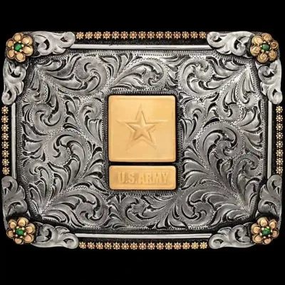 A military belt buckle featuring the United States Army emblem