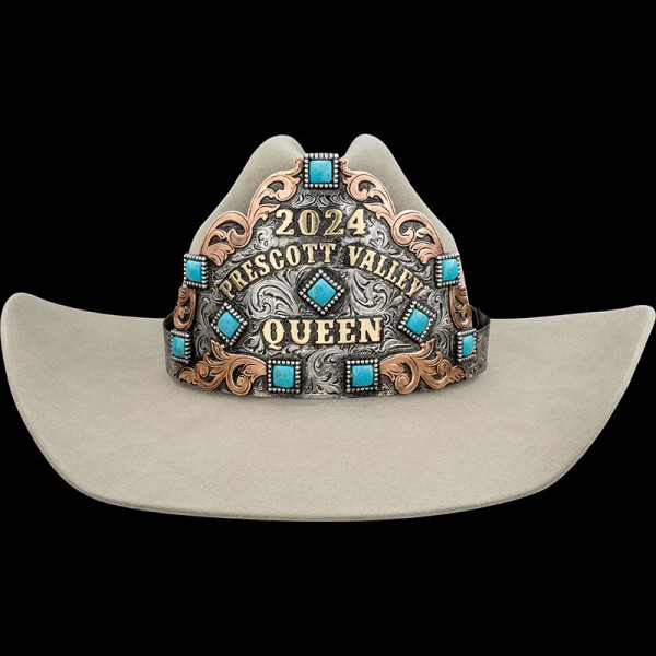 Customize the exquisite Annie Oakley Rodeo Queen Crown, crafted with a jewelers bronze base, copper accents and  simulated turquoise stones. 