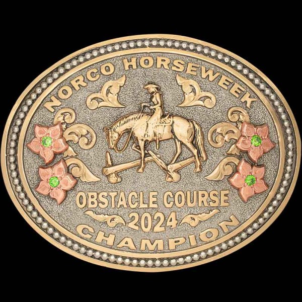 The Apalachicola Belt Buckle is a traditional oval buckle designed for cowgirls and rodeo athletes out there! Featuring copper flowers and a matted silver base. Personalize it now!