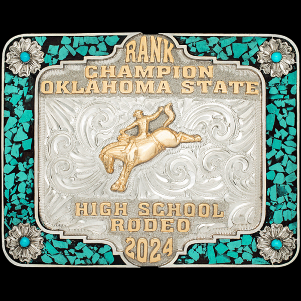 The Astoria Turquoise Buckle is a square buckle with a crushed turquoise frame and ample space for a custom buckle design!