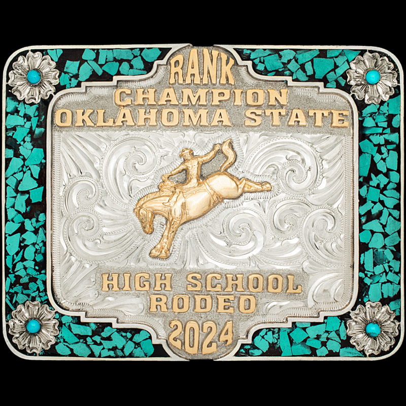 A turquoise belt buckle in a square shape with silver details