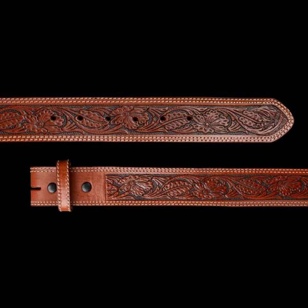 Lone Pine Belt, The 'Lone Pine' leather belt will dress up any western outfit. Crafted on tooled natural leather. Beautiful double stitching. Pair with a Molly'