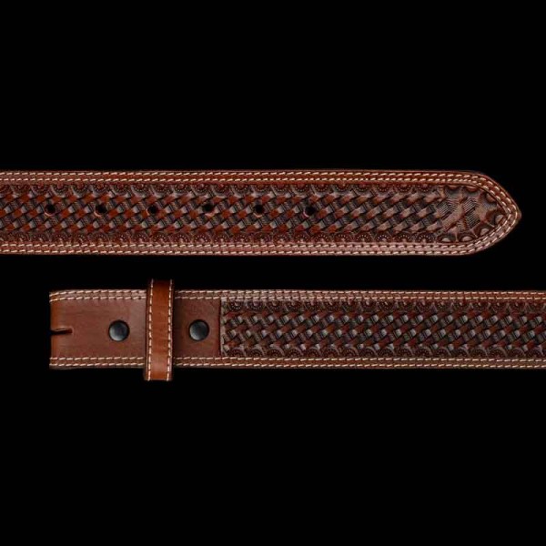 The Black Cherry Leather Tooled Belt features a darker tone of brown and a basket weave patter, perfect for any western outfit.