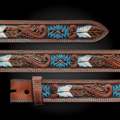 Blue Juniper custom western leather belt handcrafted with premium silver accents by Molly's Custom Silver.