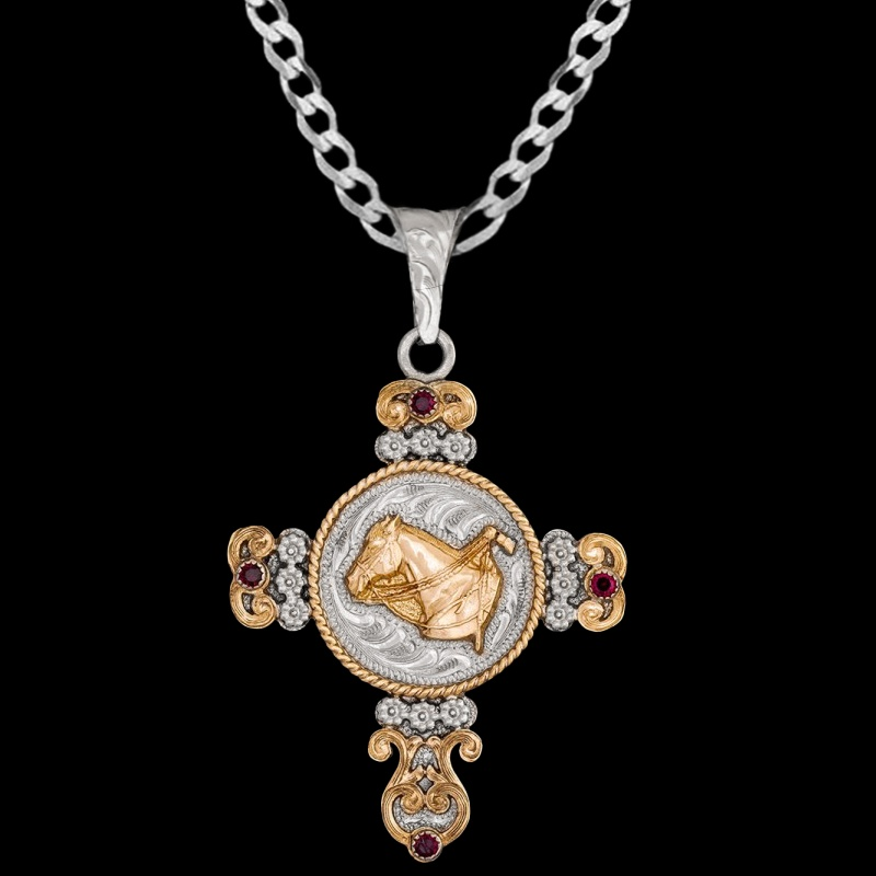 A cross pendant necklace with a customizable western figure in the center