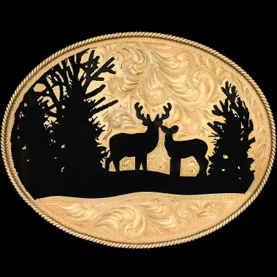 A custom western golden belt buckle featuring a deer in the forest scene