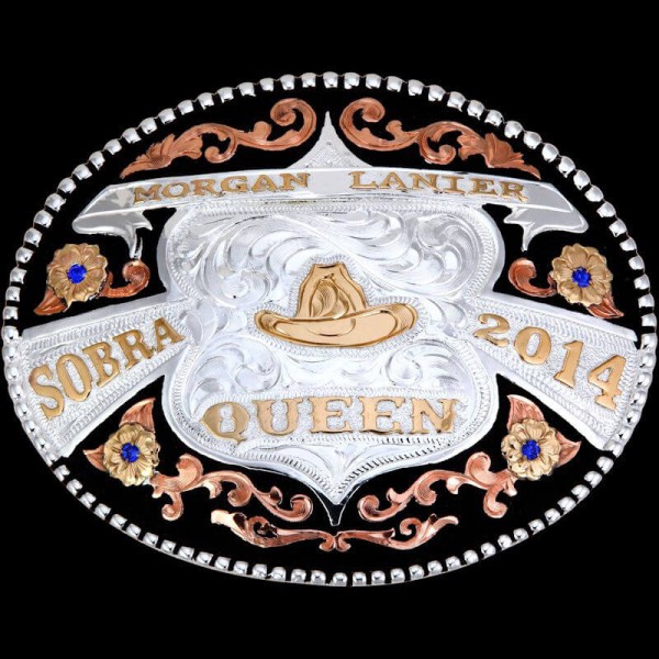 Tempe, This buckle is built with German silver it has a bead edge with copper florals and bronze flowers.  The background has you choice of enamel with bronz