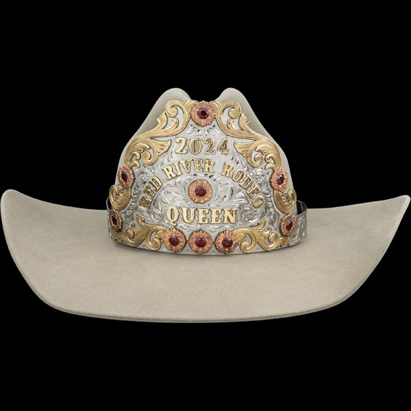 Embrace the essence of royalty with the Florence Adams Rodeo Crown - a custom rodeo crown adorned with german silver and a jewelers bronze base.