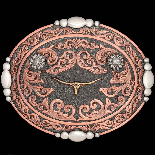 GRUENE, Embellish any western outfit with the effortless 'Gruene' buckle. This custom belt buckle is built on a stippled German Silver base and detailed wi