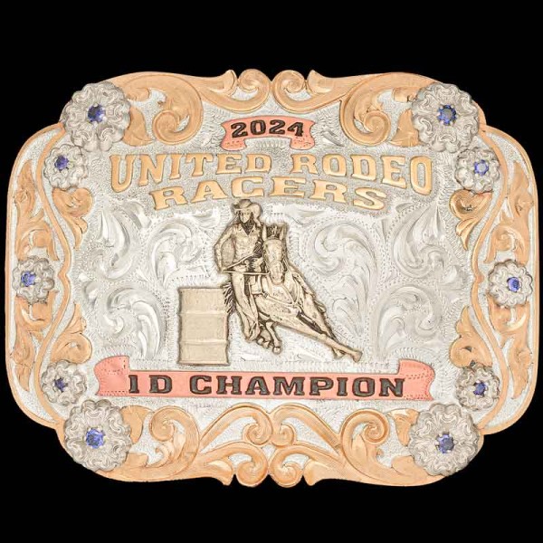 The Hot Springs Custom Belt Buckle features a sterling Silver plated base, detailed with Jewlers bronze scrolls, and 10 zirconia stones. Personalize this buckle design today!