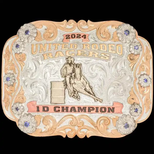 The Hot Springs Custom Belt Buckle features a sterling Silver plated base, detailed with Jewlers bronze scrolls, and 10 zirconia stones. Personalize this buckle design today!