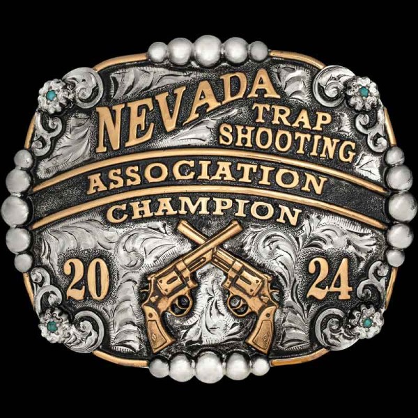 JACKSONVILLE, A classic trap shooting trophy buckle. The 'Jacksonville' is built on a hand engraved, German Silver base by our expert craftsmen. Detailed with be