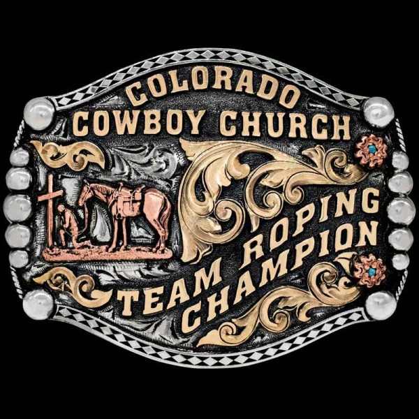 JEFFERSON, Show off your cowboy style with the 'Jefferson' team roping buckle. This buckle is crafted on a hand engraved base, and detailed with a diamond edg