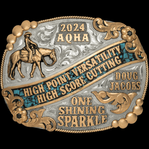 The Knoxville Turquoise Buckle is built in a silver base with a bronze frame, beads and filigree. Customize it with 9 lines of lettering at MCS!