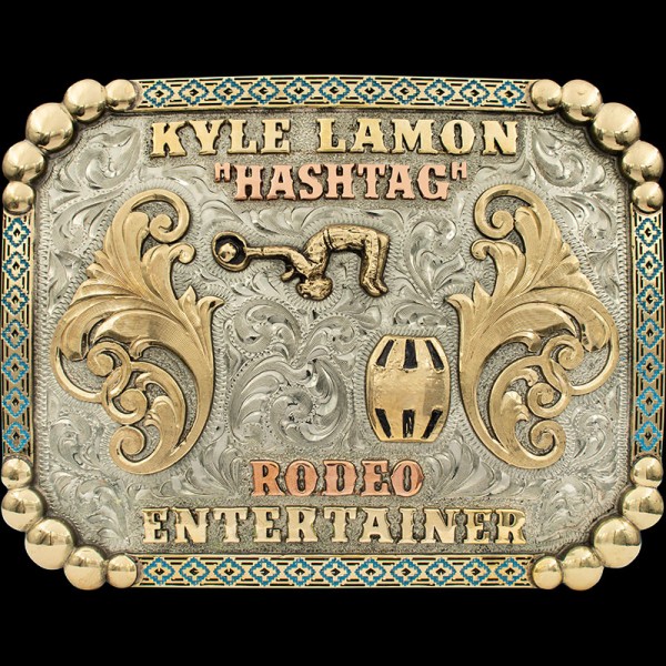 The “Kyle Lamon” custom belt buckle features a 3D figure of Kyle performing his signature flip, a tribal pattern border, and silver plated, hand engraved scrolls. 