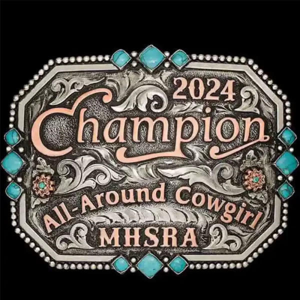The beatiful Mayberry Custom Belt Buckle is hand engraved on a German Silver base and detailed with jeweler's copper lettering. Customize this belt buckle for your rodeo event!