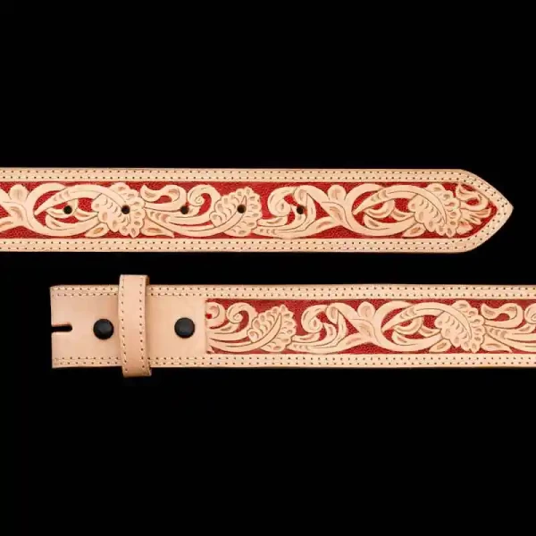 CTM Leather Western Belt - Floral Embossed, 1 3/8" Wide, Removable Buckle, Size 38, Red