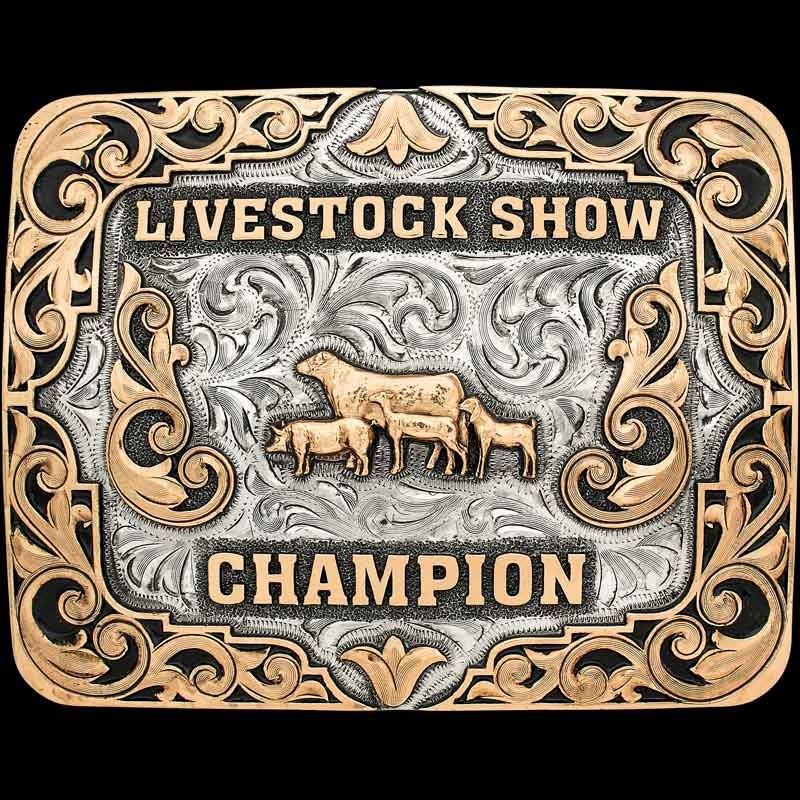 IN STOCK SHOWMAN CHAMPION- Showing trophy buckles on-time for your