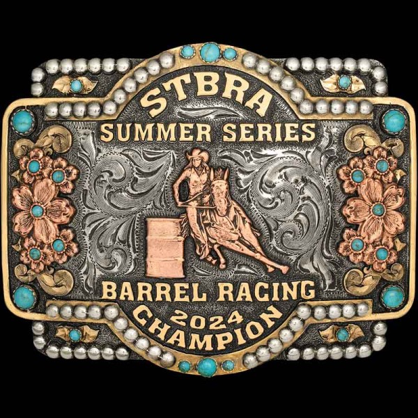 NAVAJO, The 'Navajo' custom barrel racing buckle will impress any rodeo winner! Crafted on a German Silver, hand engraved base and detailed with a beaded e