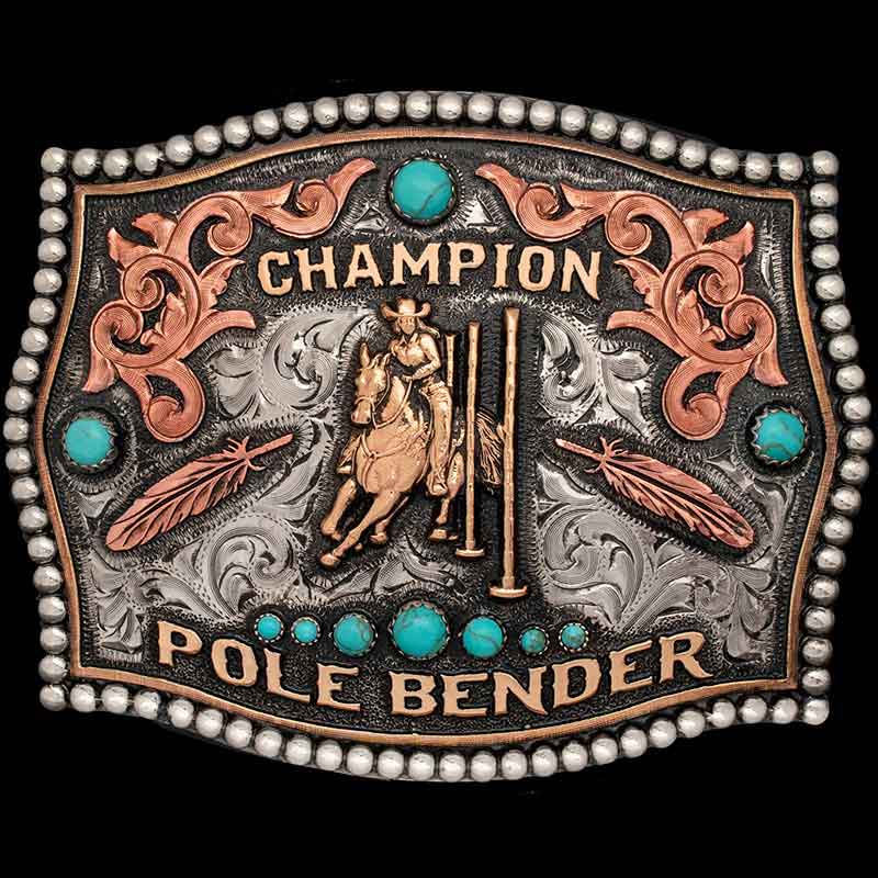 A women's belt buckle adorned with turquoise stones and a pole bender rodeo figure