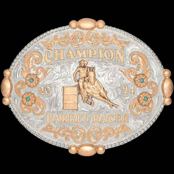 The Pearland Custom Belt Buckle is a true Western gem built on a hand-engraved German Silver base with bronze beads and scrollwork. Personalize this buckle design today!