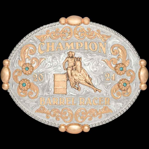 The Pearland Custom Belt Buckle is a true Western gem featuring bronze inner scrollwork and large beads. Personalize this silver buckle design today!