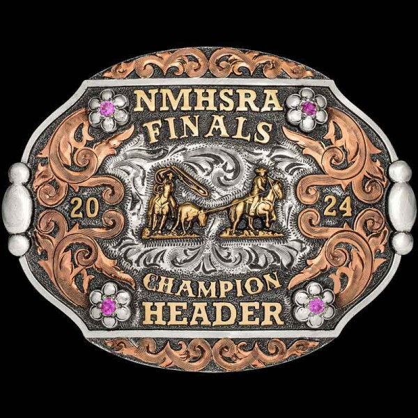 The Roseberry's Custom Belt Buckle features a unique shape and immaculate detailing in its copper scrollwork. Personalize this buckle design for your next rodeo event!