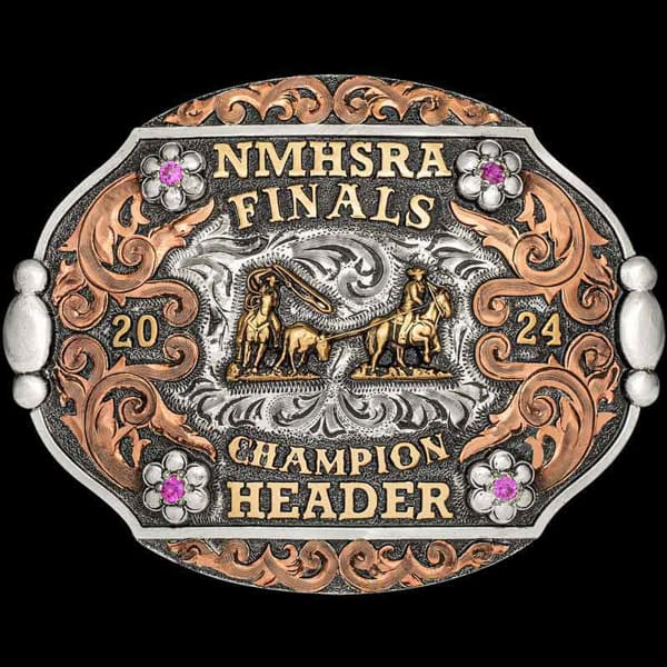 The Roseberry's Belt Buckle features a unique shape and immaculate detailing in its copper scrollwork. Personalize this cowgirl's buckle design for your next rodeo event!