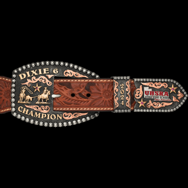 WILMINGTON, Let's hear a "Yee-haw!" for the 'Lancaster' buckle. This beautiul custom trophy buckle is built on a matted German Silver base. Detai