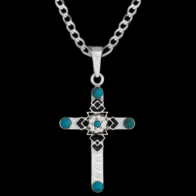 A custom silver cross pendant necklace for men and women, western-inspired design. featuring silver black enamel accents and turquoise beads