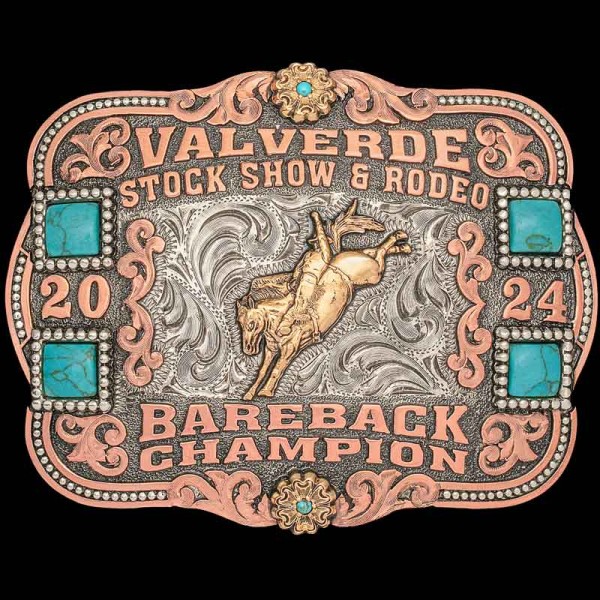 Show your true grit with the detailed Valverde Custom Belt Buckle! Built on german silver base with silver beads, turquoise stones and beautiful copper scrollwork. Customize it now!