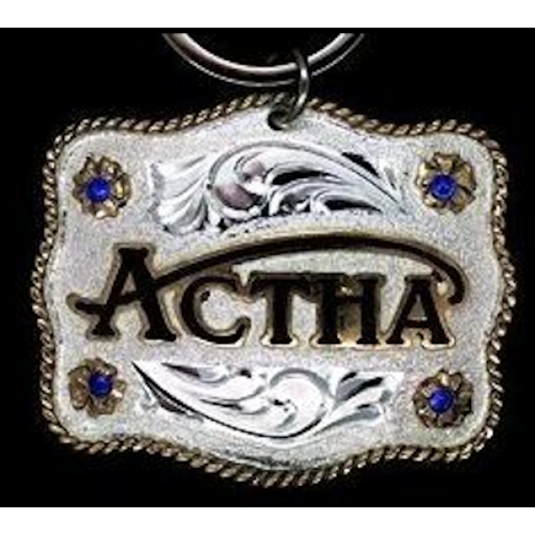 ACTHA Large Key Chain, Silver with antiqued bronze rope edge, flowers with stones and the ACTHA logo.  Hand engraved back, 2 x 2.5 inch.  Choice of color of stones.