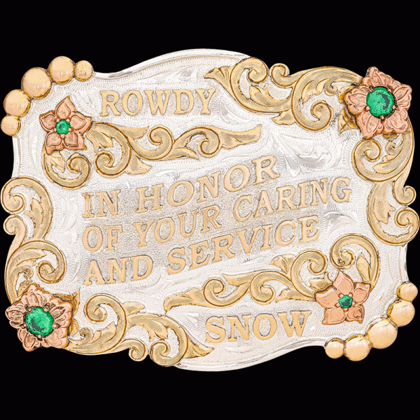 Amarillo, Silver buckle with bronze and silver floral and bead edge with jewelers bronze lettering, copper flowers with stones set in.

You can see our standard fi