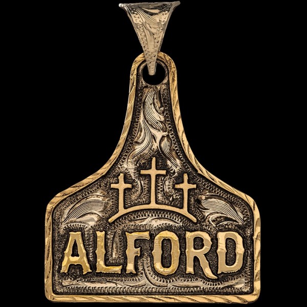 Angel, German Silver base 1.75"x1.50" with a touch of our classic antique. Jewelers Bronze letters, ranch logo, and a hand-engraved rope edge.

Chain 
