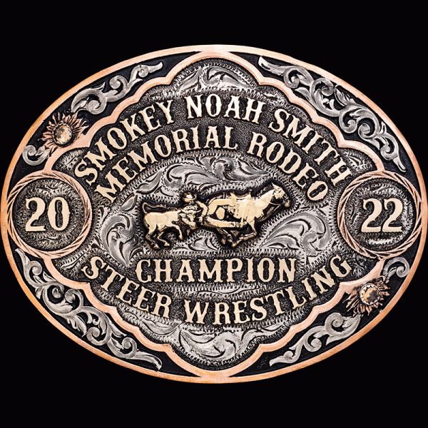 The Bridgewater Custom Belt Buckle is an oval buckle with an antique finish, silver scrollwork and a unique copper edge. Personalize this buckle design today!