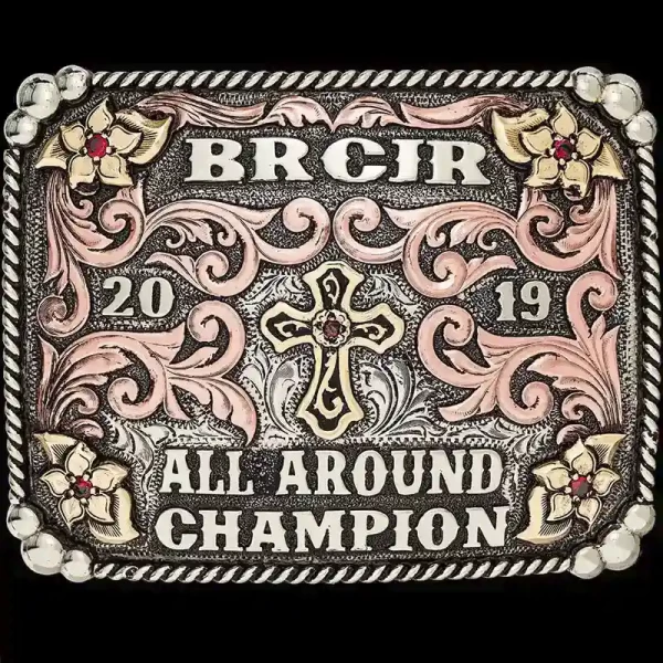 The Calico Custom Belt Buckle features a german silver base with beads and rope frame, copper scrollwork and bronze flowers. Customize this belt buckle now!

 German Silver base with a German Silver bead and rope edge.  Copper overlays with Jewelers Bro