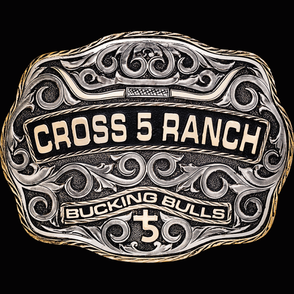 Cheyenne, Beautiful silver buckle with hand engraved bronze edge. Bronze steer horns and lettering.  Silver hand engraved overlays with an antiqued stippled bac