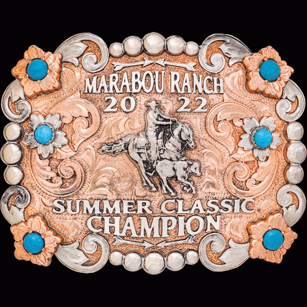 The Colorado Springs Belt Buckle is a beautiful copper trophy buckle embellished with copper flowers, silver beads and turquoise stones. Customize it for the next rodeo champion!