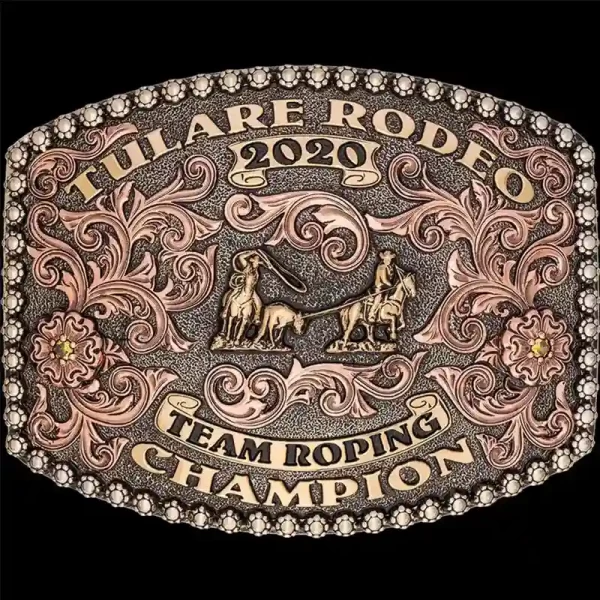 The Brazos Custom Belt Buckle is a beautiful belt buckle with a traditional berry Edge, copper scrolls, flowers and jeweler's bronze lettering. Personalize this design now!