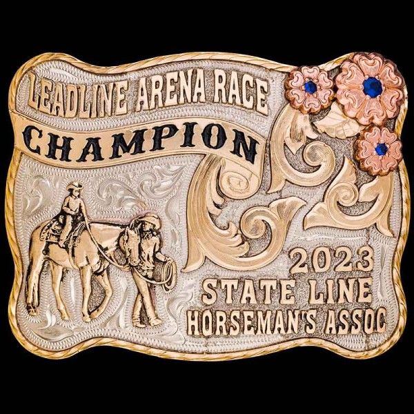 The beautiful Bixby Custom Belt Buckle features jeweler's bronze frame, leterring and main figure, adorned with 3 copper flowers. Personalize this buckle design now!