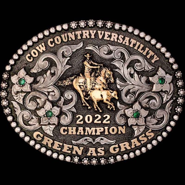 The Cripple Creek Custom Belt Buckle is a classic old school oval buckle with a bead and berry edge. Customize your buckle, lettering and western figure!