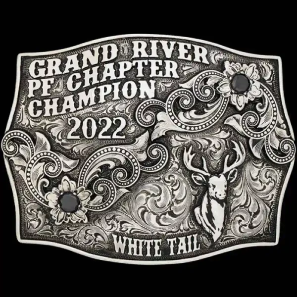 The Farmington Custom Belt Buckle is a classic German Silver Buckle with a line edge featuring two large zirconias, flowers and scrolls. Customize this design today!