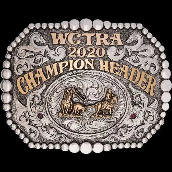The Horseshoe Bend Custom Buckle features a multi-size bead edge built in german silver and jeweler's bronze lettering. Customize it for your rodeo event, award, as a gift or western accesory! 