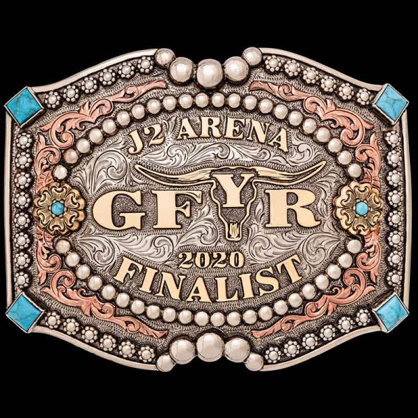 The Nashville Custom Belt Buckle is adorned with beautiful beads, copper scrollwork and turquoise stones. Personalize this belt buckle with your initials, name or special date!