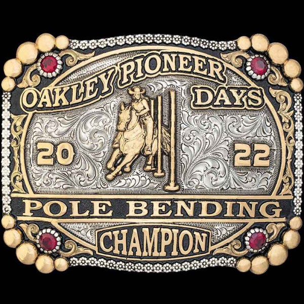 The Oakley Custom Belt Buckle features a jewelers Bronze bead edge, scrolls, lettering and figure. Personalize this authentic western design for your rodeo event!