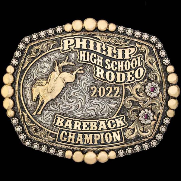 The Phillip Custom Belt Buckle is a classic western buckle design with old school hand engraving and beautiful bronze lettering. Customize this buckle today for your rodeo event!